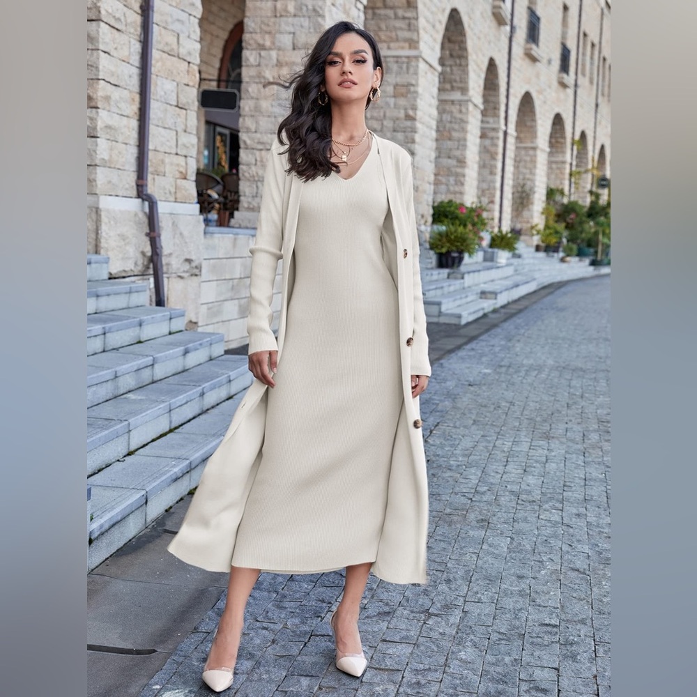 Solid Sleeveless Sweater Dress & Button Front Cardigan